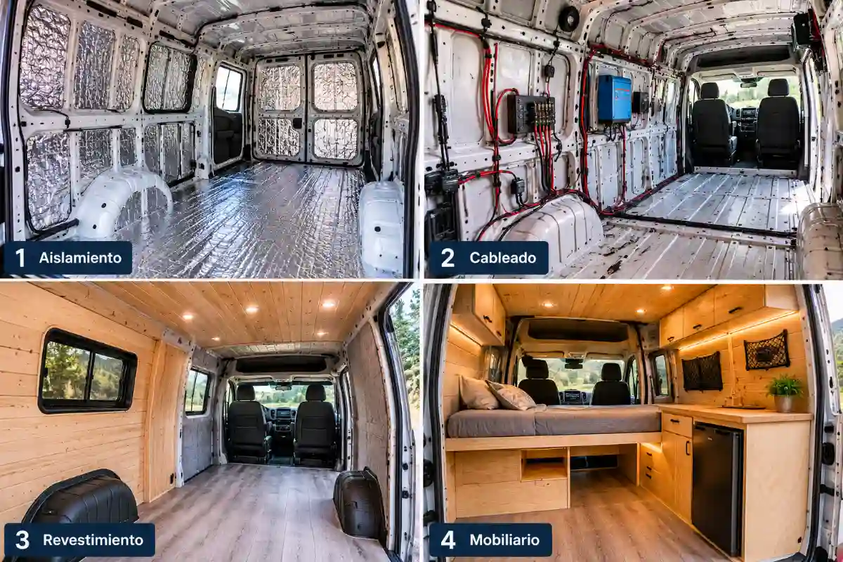 Camperizar tu furgoneta: la guía definitiva para 2026 4 Fases de camperización: aislamiento, cableado, revestimiento, mobiliario para camperizar furgoneta