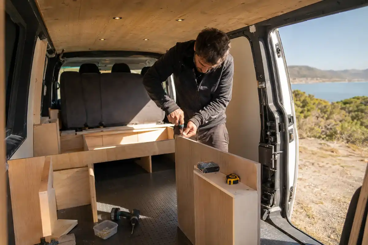 Camperizar tu furgoneta: la guía definitiva para 2026 6 Persona trabajando en mobiliario de furgoneta camper DIY para camperizar furgoneta