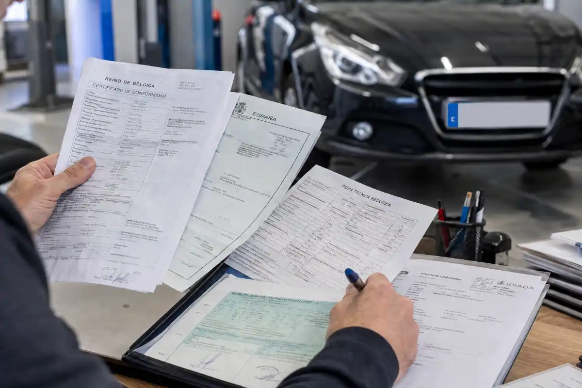 Qué hacer después de comprar un coche en Alemania 6 Técnico revisando documentación y ficha técnica de vehículo importado comprar coche alemania que hacer