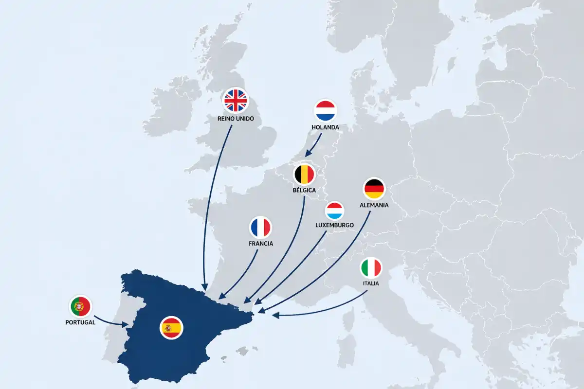 Fichas reducidas 4 Mapa de Europa con flechas hacia España indicando países de importación más habituales fichas reducidas