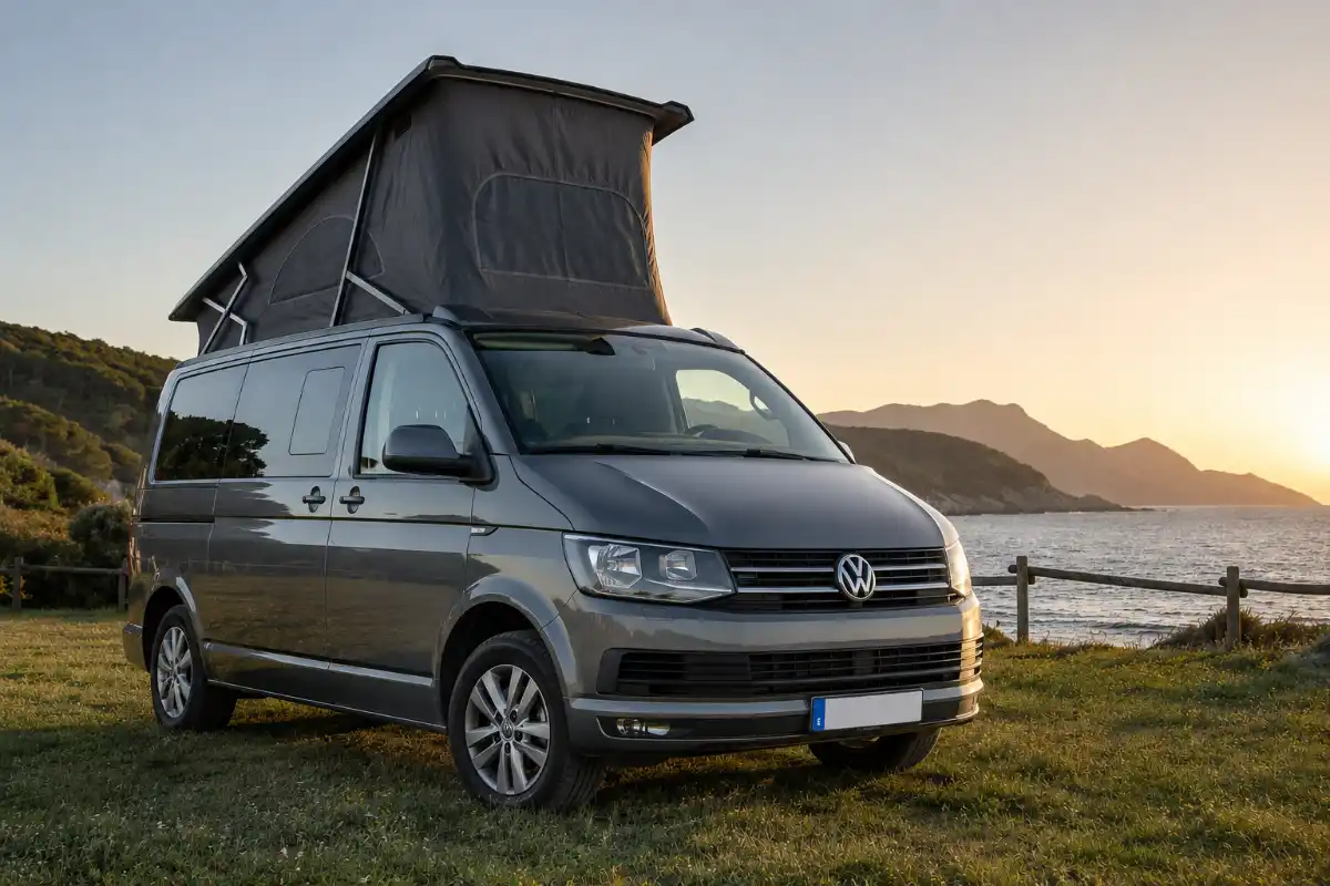 Techo elevable 4 VW T6 con techo elevable SCA abierto en entorno natural homologar camper techo elevable