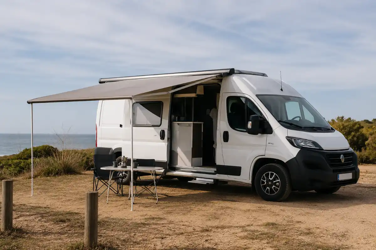 Toldos 2 Furgoneta camper con toldo desplegado en zona de acampada, vista completa homologar camper toldos