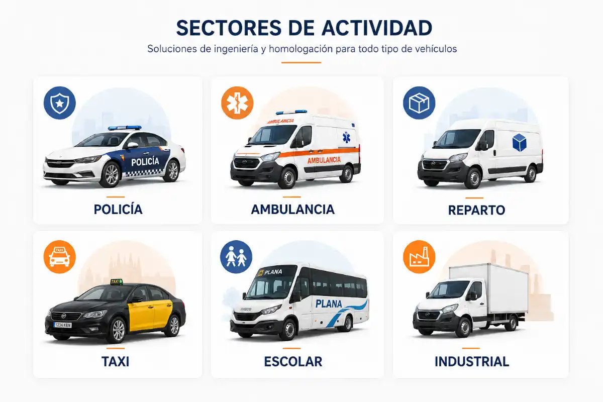 Homologar Flotas 2 Grid visual de sectores - icono policía, ambulancia, reparto, taxi, escolar, industriales homologar flotas