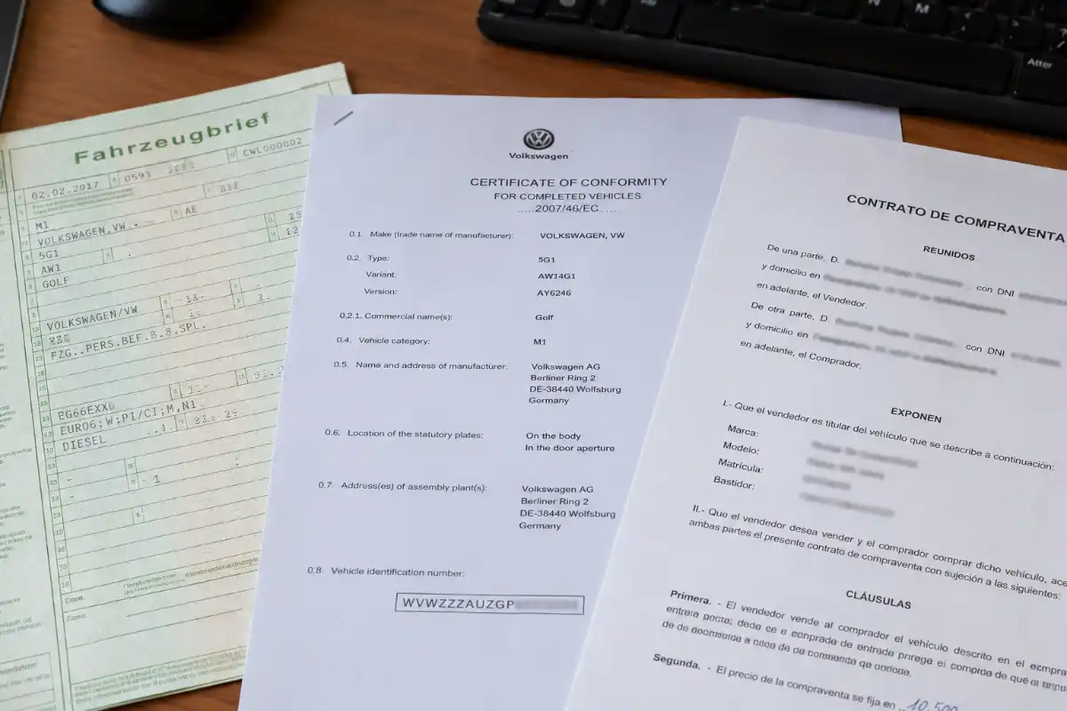Alemania 2 Documentación de importación: Fahrzeugbrief, CoC y contrato de compraventa sobre mesa matricular coche extranjero alemania