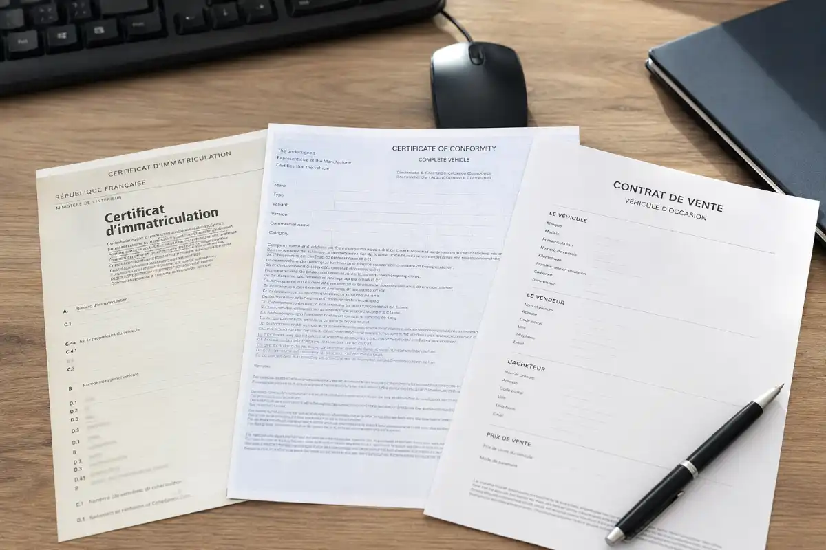 Francia 2 Documentación de importación: Carte grise, CoC y contrato de compraventa sobre mesa matricular coche extranjero francia
