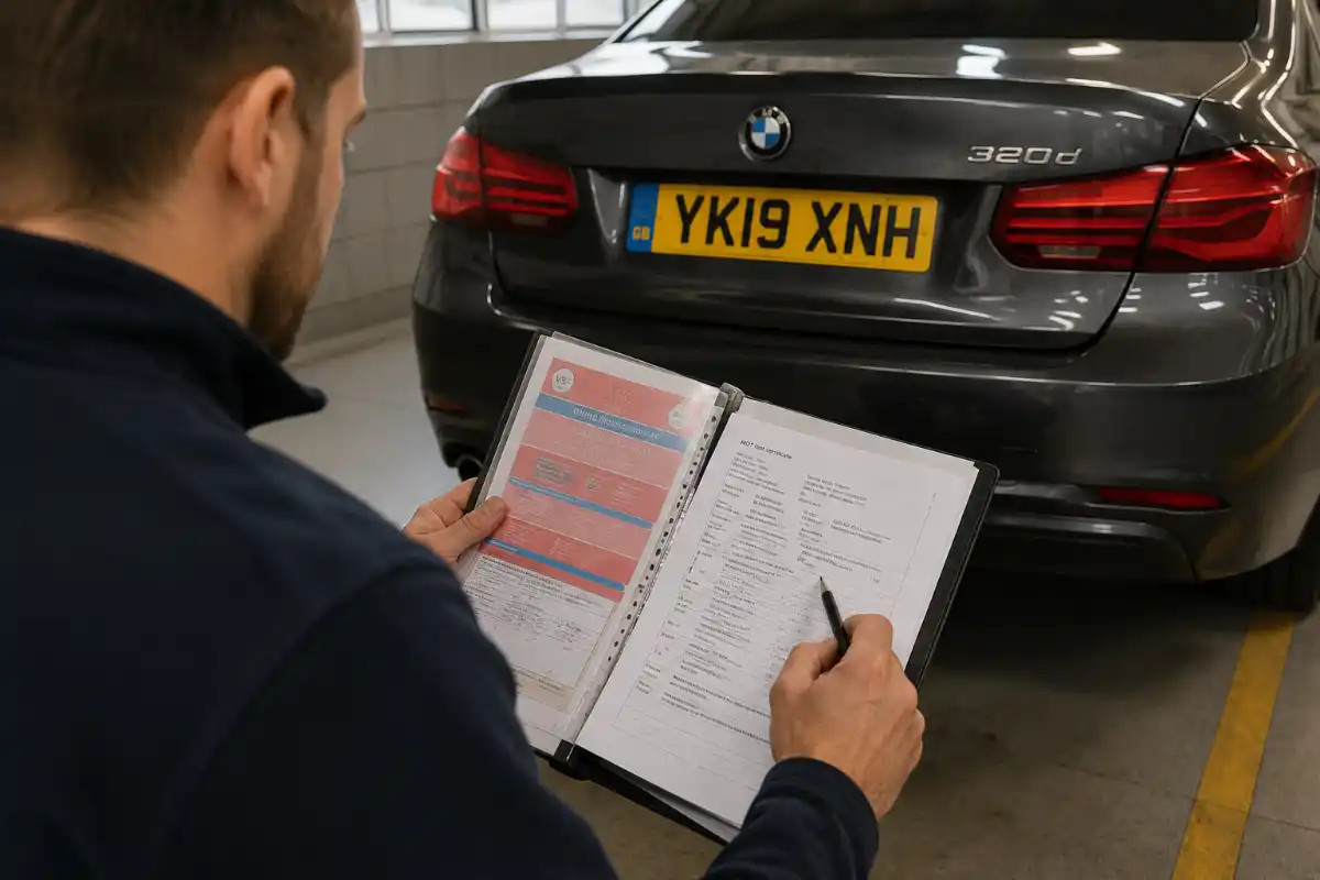 Brexit y coches: cómo matricular un vehículo de Reino Unido 4 Técnico revisando documentación técnica de coche con matrícula británica antes de matricular coche reino unido españa