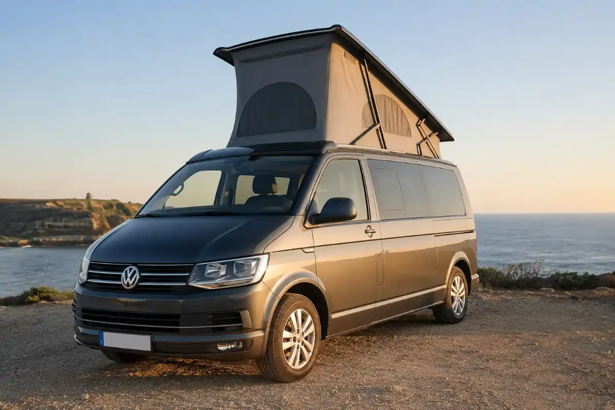 Los mejores modelos de furgoneta para camperizar 4 Volkswagen T6 con techo elevable abierto es una furgoneta camper mediana es una de las mejores furgonetas camperizar