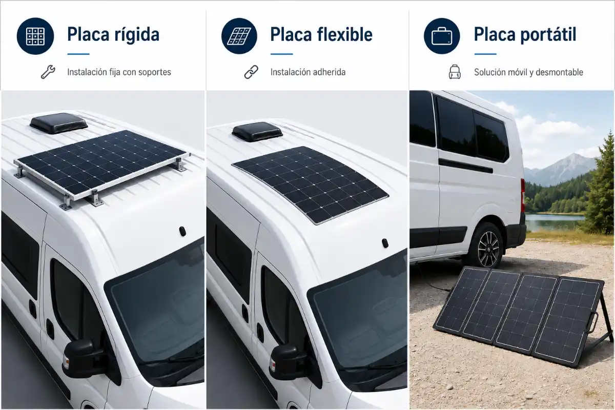 Placas solares en camper: instalación y homologación 3 Comparativa visual: placa rígida vs flexible vs portátil de placas solares camper