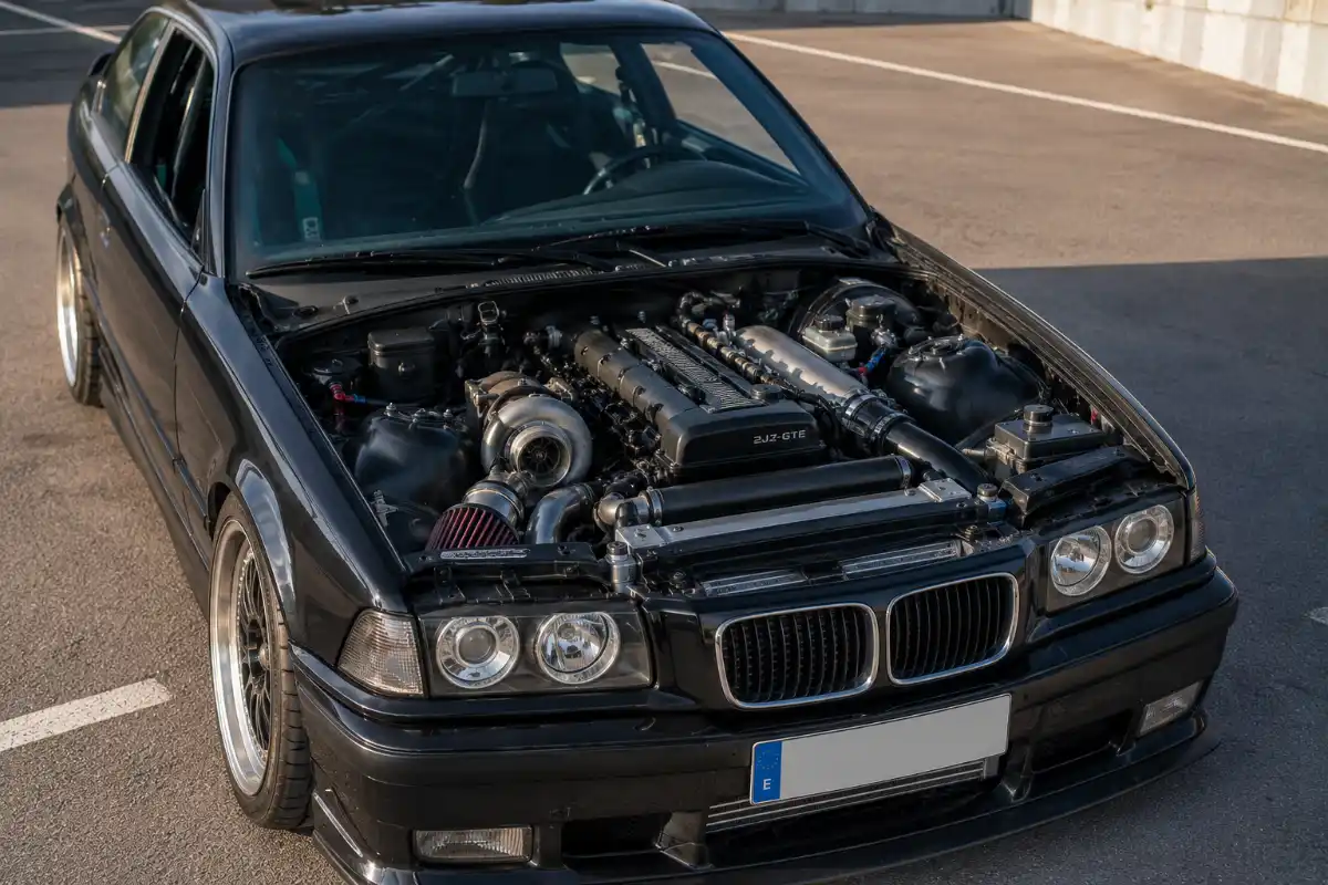 Motor 2 Vano motor abierto con motor swap visible con motor LS o 2JZ en coche europeo reformas motor